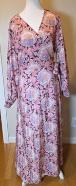 BAACAL Maxey Greene NWT 14 16 Pink Paisley Floral Wrap Maxi Dress Wedding Guest
